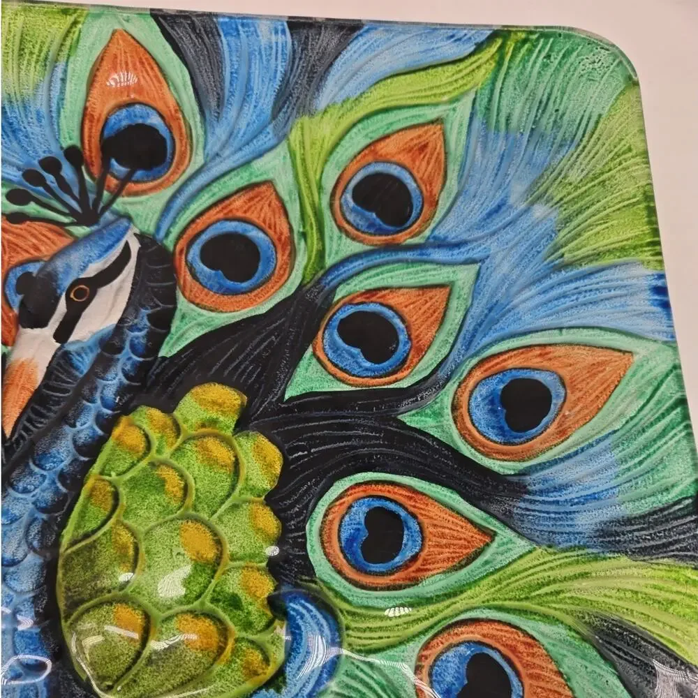 Hand Painted Peacock Plate Square Glass Beautiful Display Piece 12